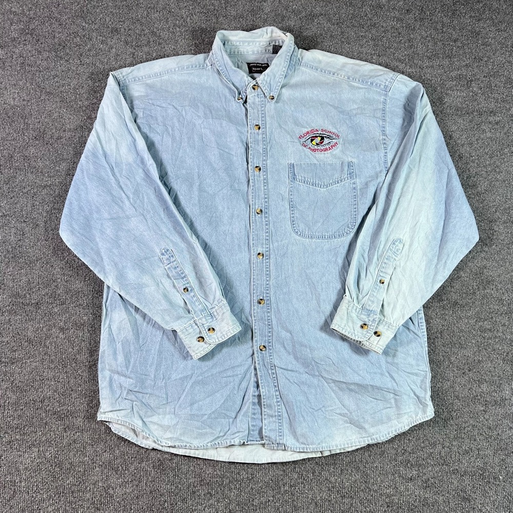 Vintage Outrageous Sports Shirt Mens XL Blue Denim Florida School of Photography
